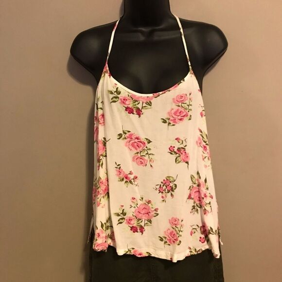 NO Boundaries Woven Caged Back Cami Ivory Flowers - Picture 2 of 7